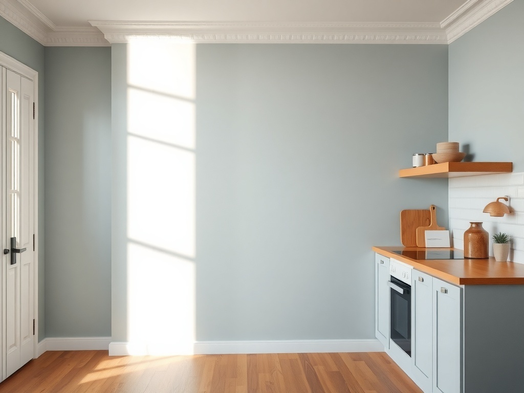 A modern kitchen with light blue walls and wooden accents, showcasing a clean and inviting design.