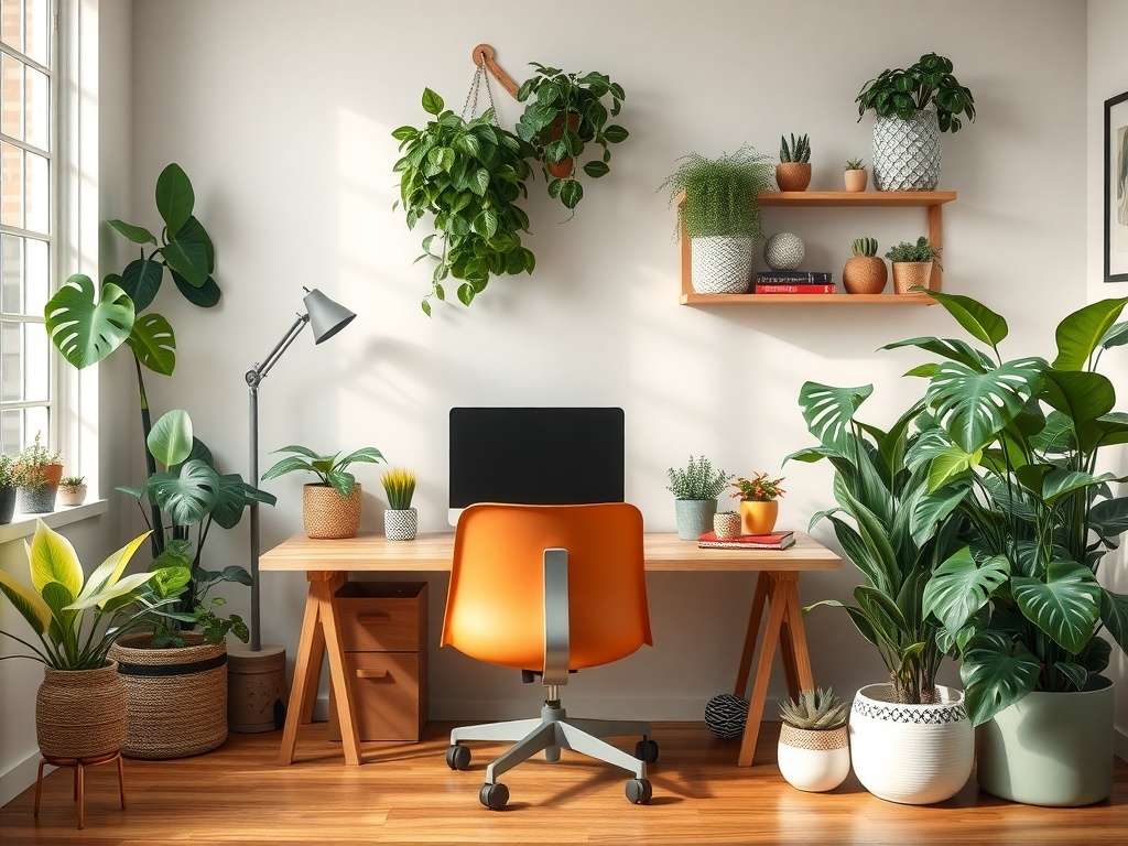 A cozy home office with various indoor plants, a wooden desk, and an orange chair.