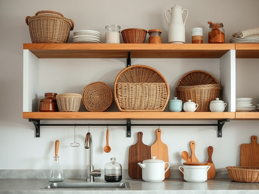 Open kitchen shelves with various baskets and kitchenware