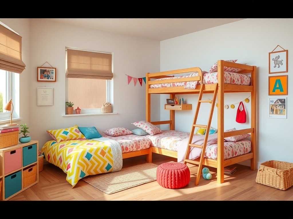 A colorful kids bedroom featuring an L-shaped bunk bed with floral bedding and a cozy atmosphere.