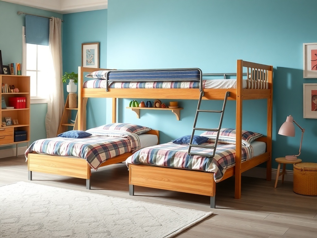 A convertible bunk bed with a top bunk and two separate beds below, featuring a wooden frame and colorful bedding.