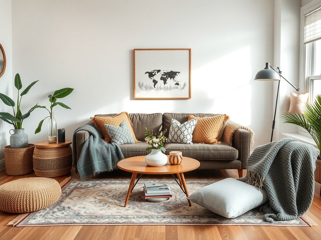 Cozy living room with textiles including pillows, blankets, and rugs.