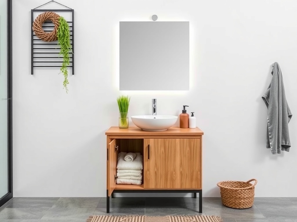 A compact bathroom vanity with a round sink, wooden cabinet, and mirror.