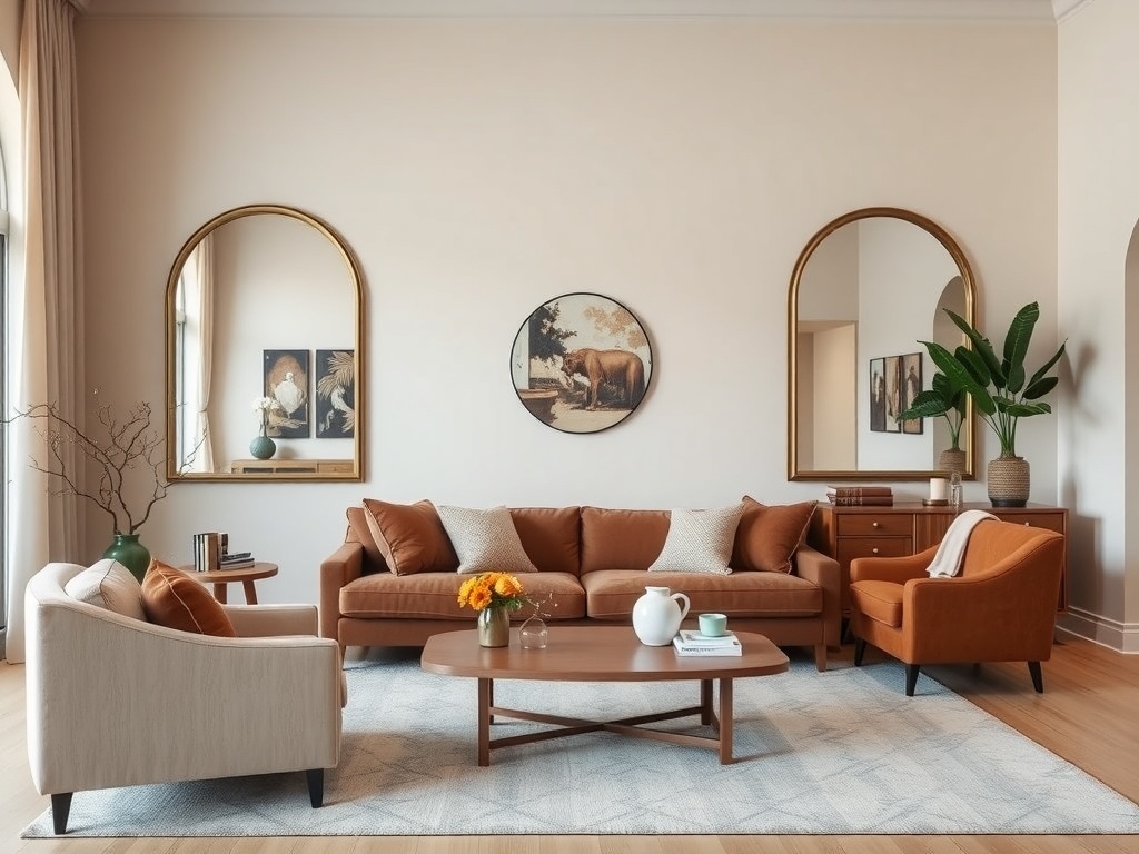 Cozy living room with light-colored furniture and a fireplace, showcasing a mirror on the wall.