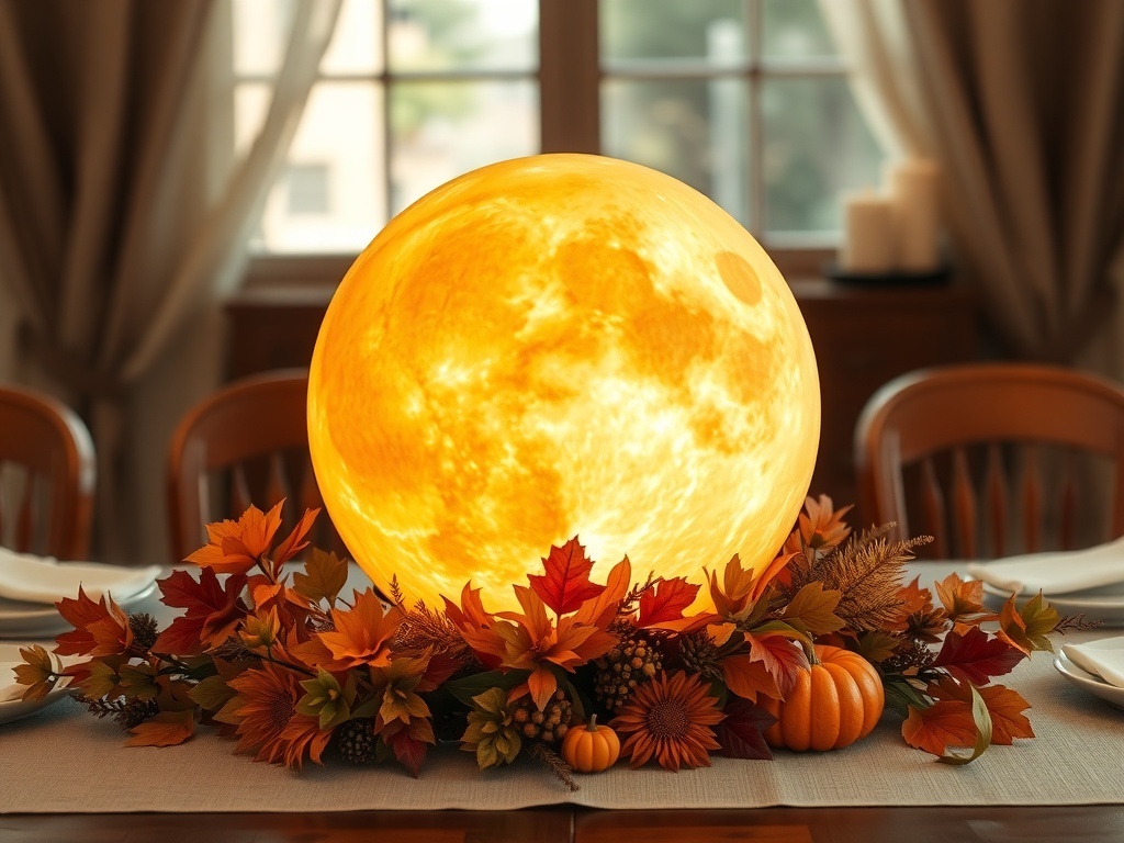 Harvest Moon themed centerpiece with a glowing moon and autumn decorations