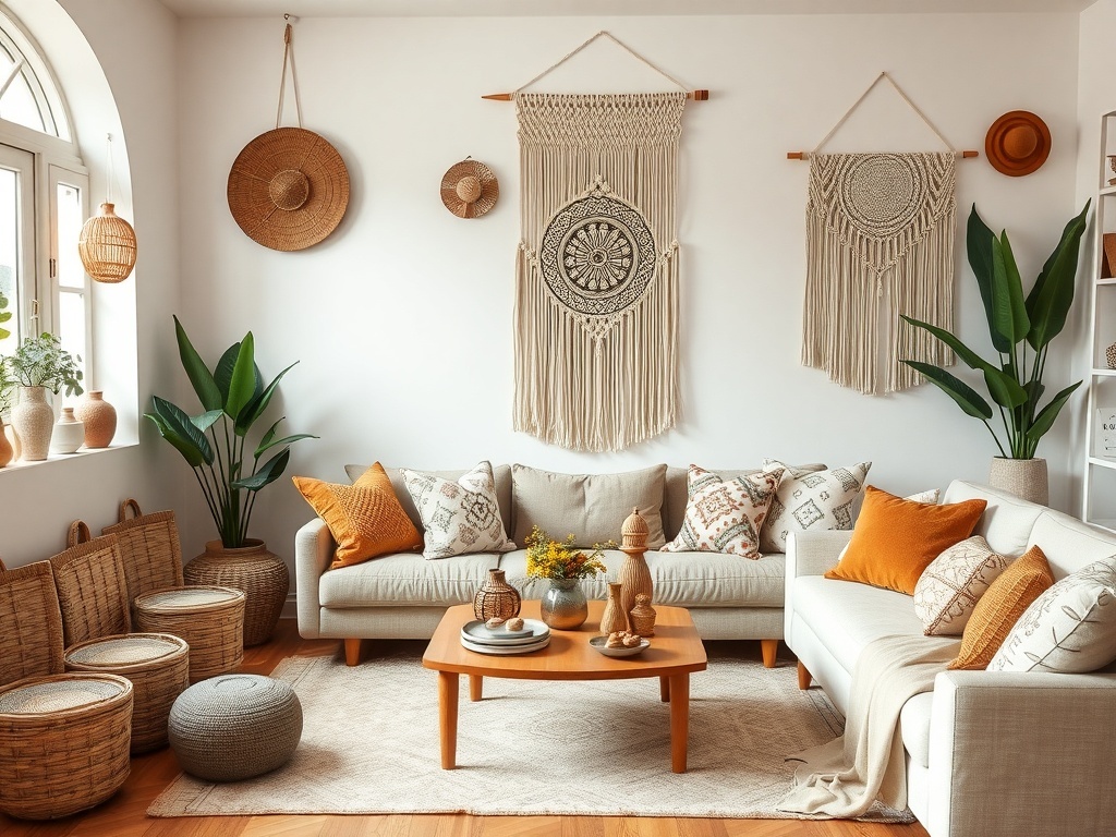 A cozy boho living room featuring artisan handcrafted decor, including woven wall hangings, textured cushions, and natural materials.