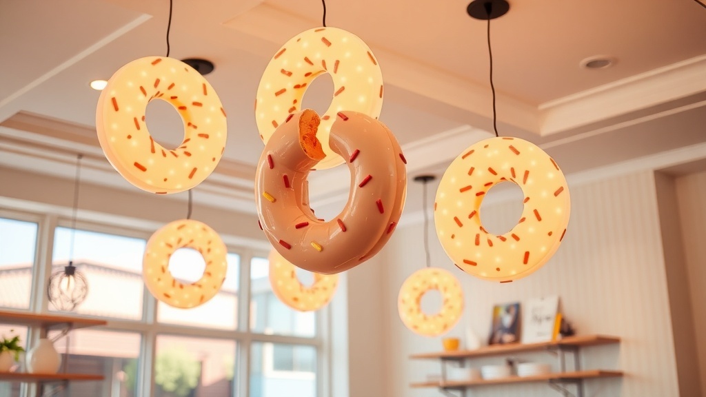 Colorful donut-shaped pendant lights hanging from the ceiling