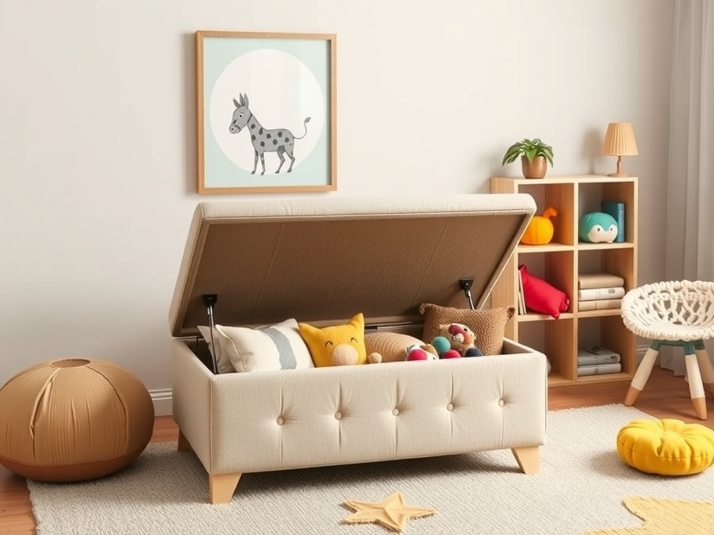 A stylish multi-functional ottoman in a kids' room, used for toy storage.