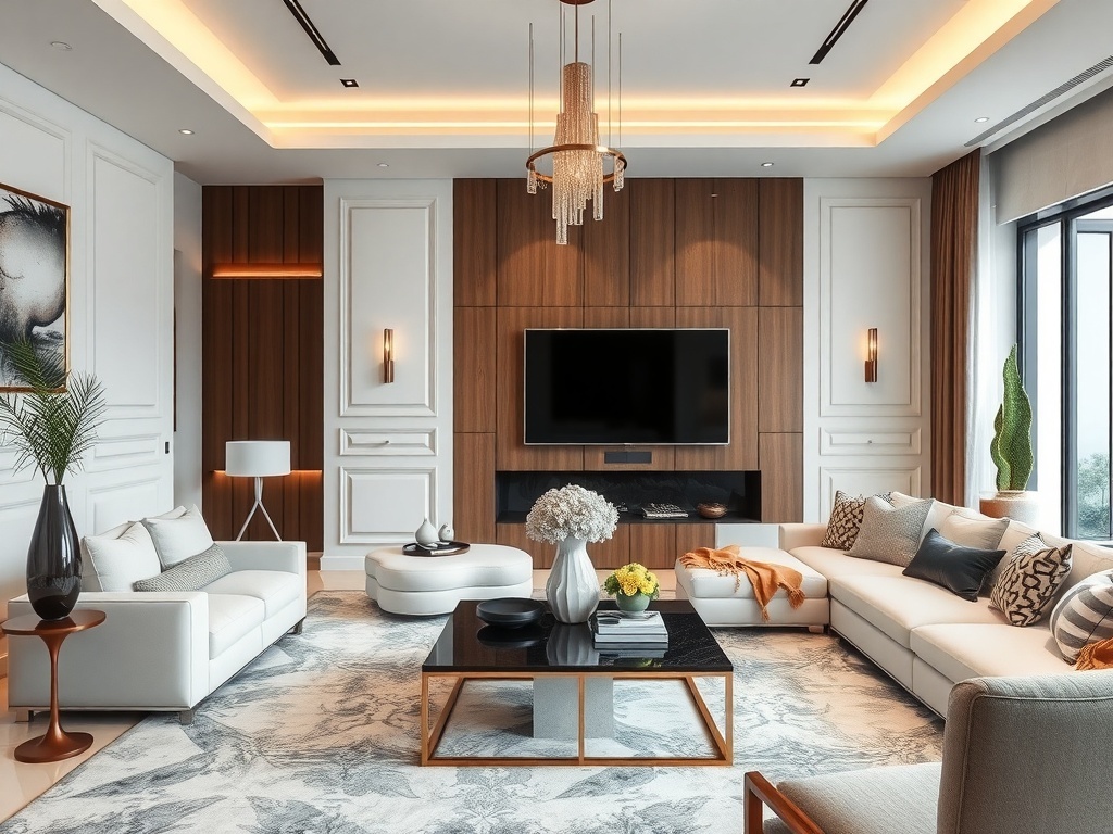 Stylish accessories and decorative touches in a modern white living room with navy blue accent wall.