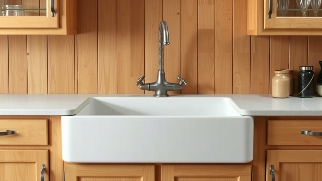 A white farmhouse sink with a modern faucet against a wooden backdrop.