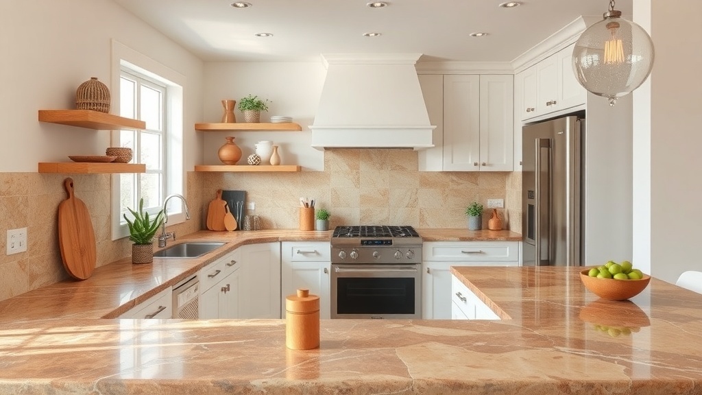 A rustic farmhouse kitchen featuring natural stone countertops, wooden shelves, and modern appliances.
