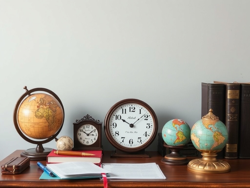 A collection of antique accessories including globes, clocks, and books on a wooden desk.