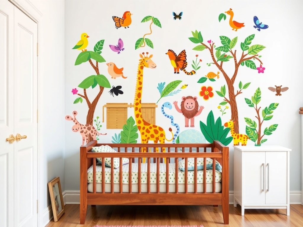 Colorful jungle wall decals featuring animals and plants in a kids' bedroom