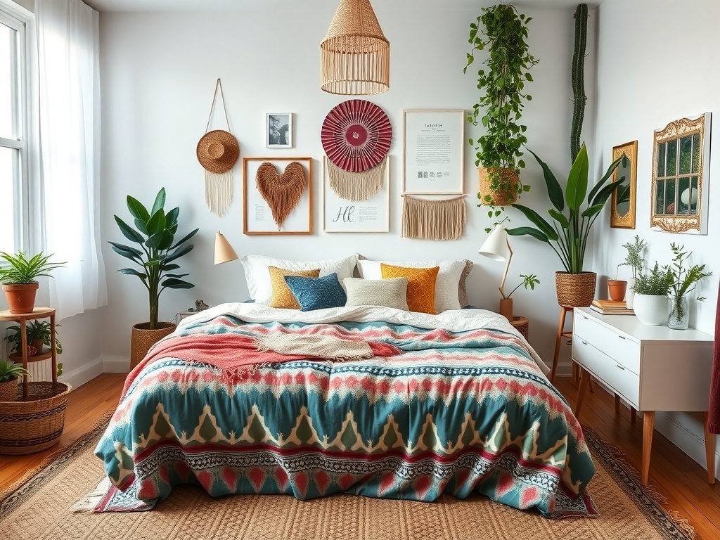 A cozy boho modern bedroom featuring a colorful bedspread, plants, and eclectic wall art.