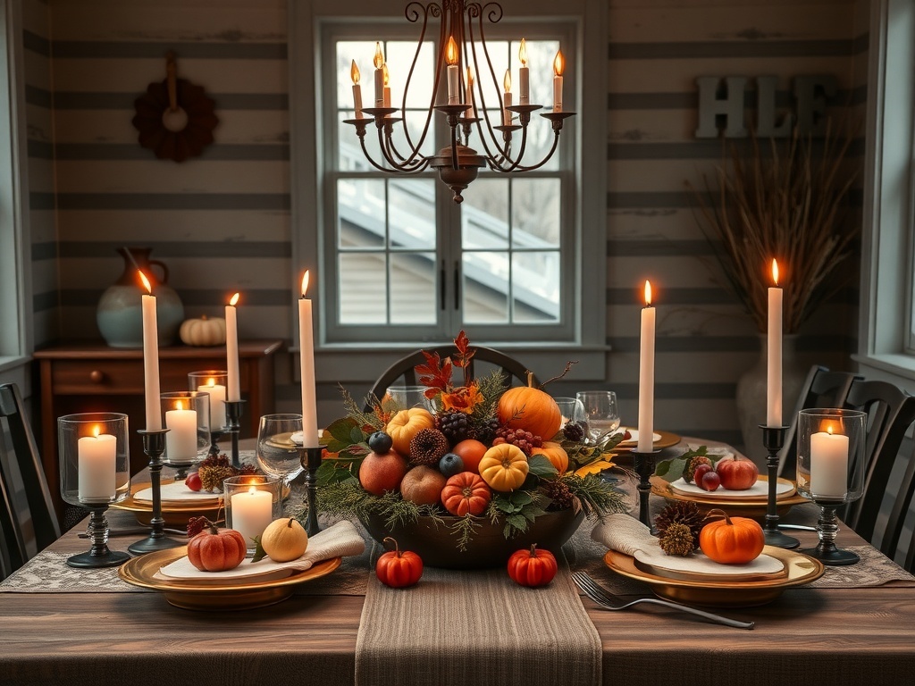 A beautifully arranged autumn table setting with candles, pumpkins, and seasonal decorations.