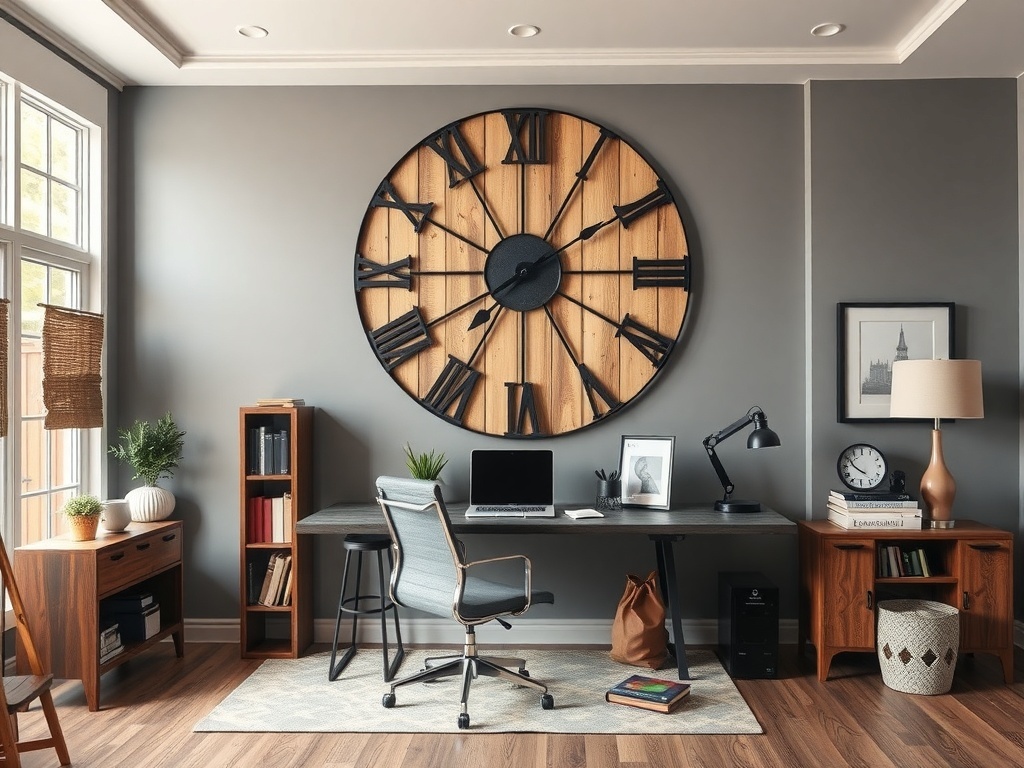A modern home office featuring a gray color palette with earth tones and plants.