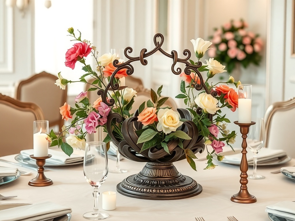 A beautifully arranged dining table featuring a bronze decorative centerpiece with flowers and candles.