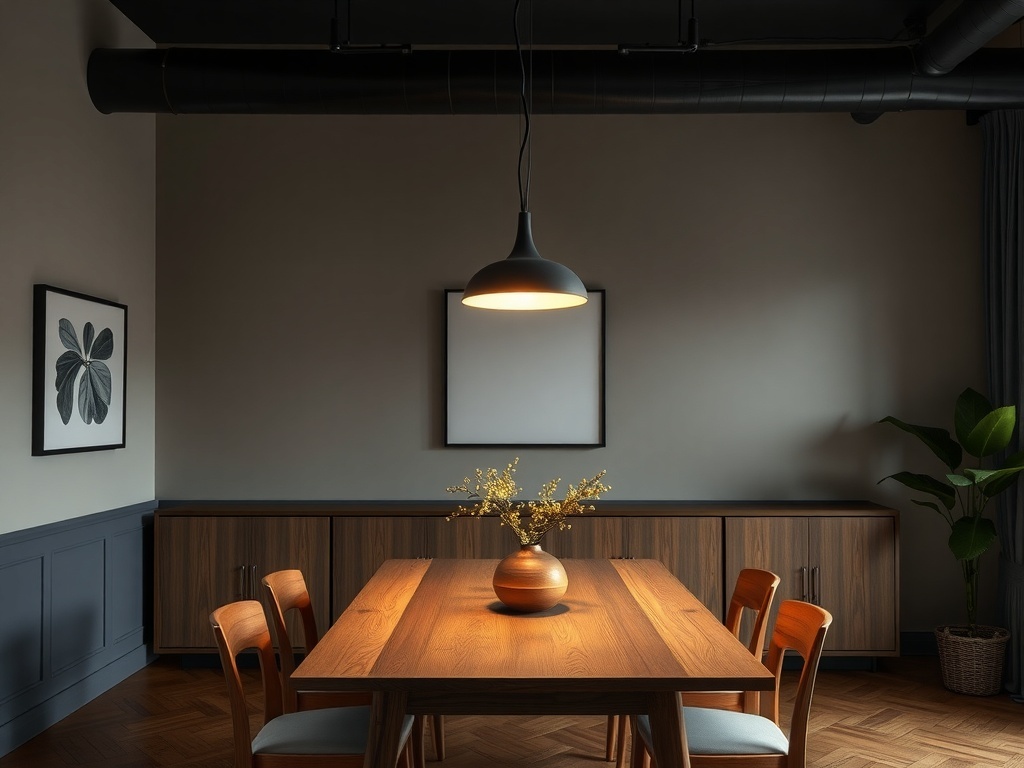 A chic dining room featuring modern pendant lights above a wooden dining table.