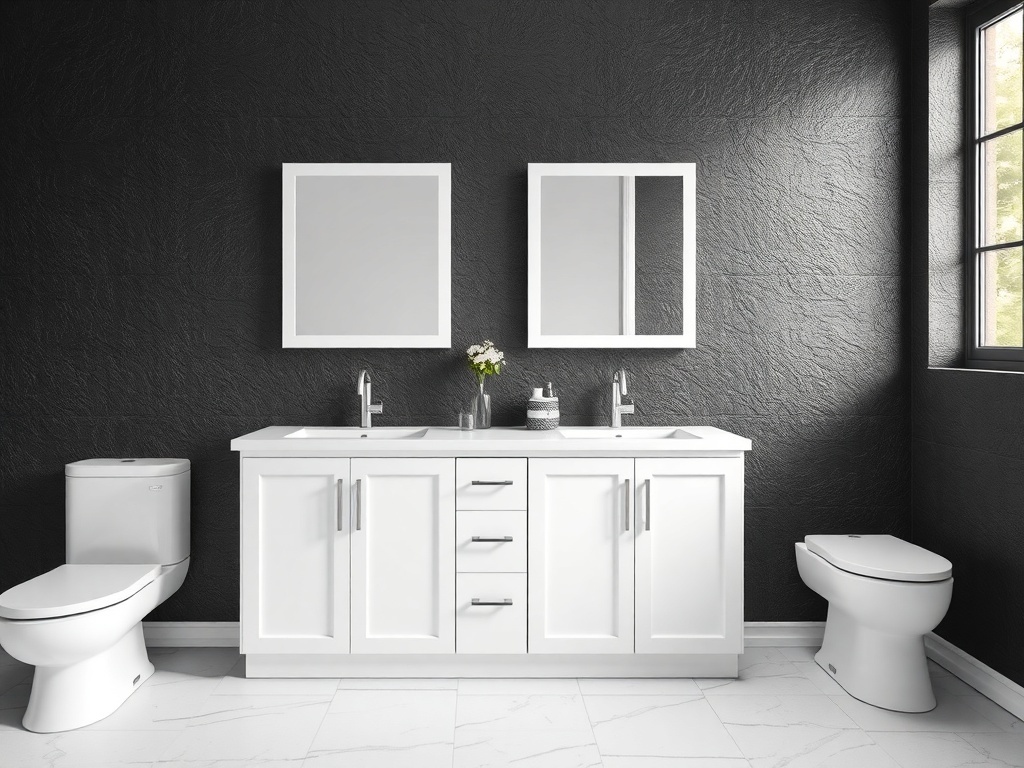 Modern bathroom with textured black wall, white cabinets, and sleek fixtures.