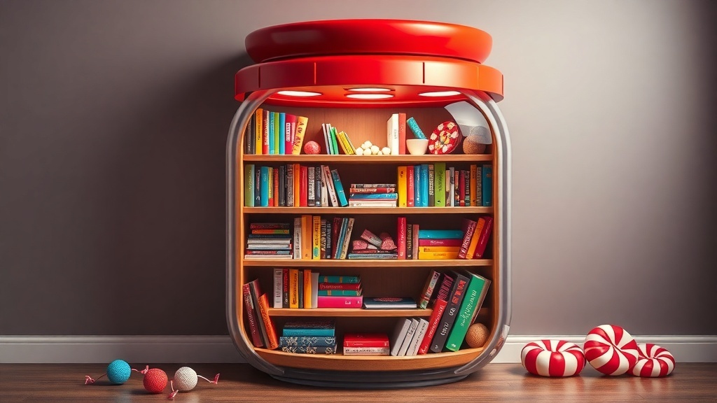 A whimsical candy jar bookshelf filled with colorful books, designed to look like a giant candy jar.