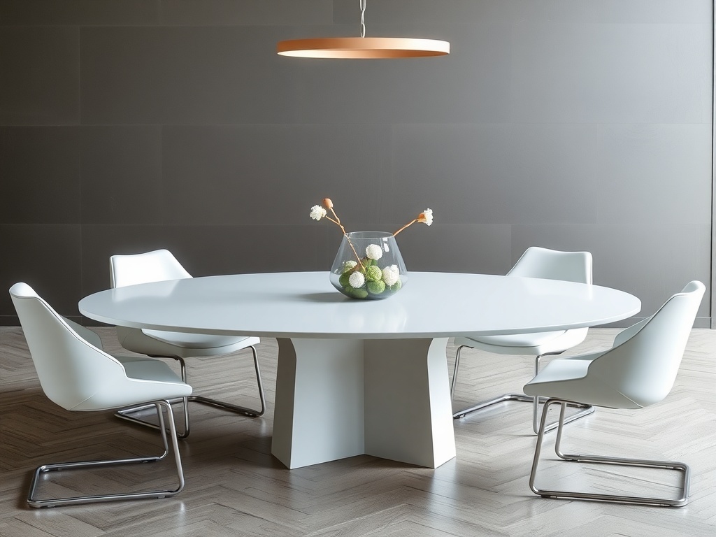 Modern minimalist dining room table with white oval top and sleek chairs.