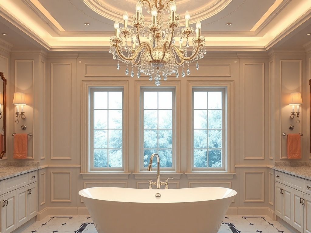 Chic bathroom featuring a crystal chandelier and elegant decor.