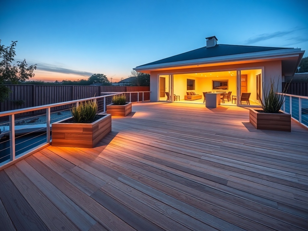A minimalist wooden deck with clean lines, featuring planters and warm lights, showcasing a modern home at dusk.