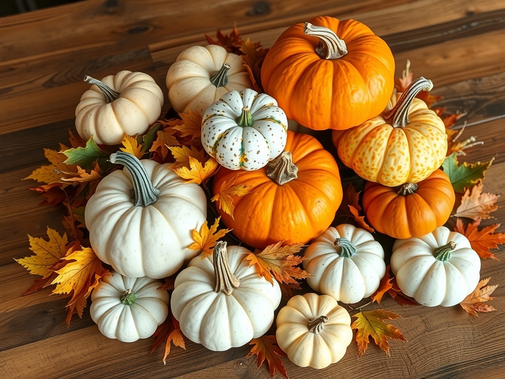 A rustic arrangement of pumpkins and gourds in various colors and sizes, surrounded by autumn leaves on a wooden table.