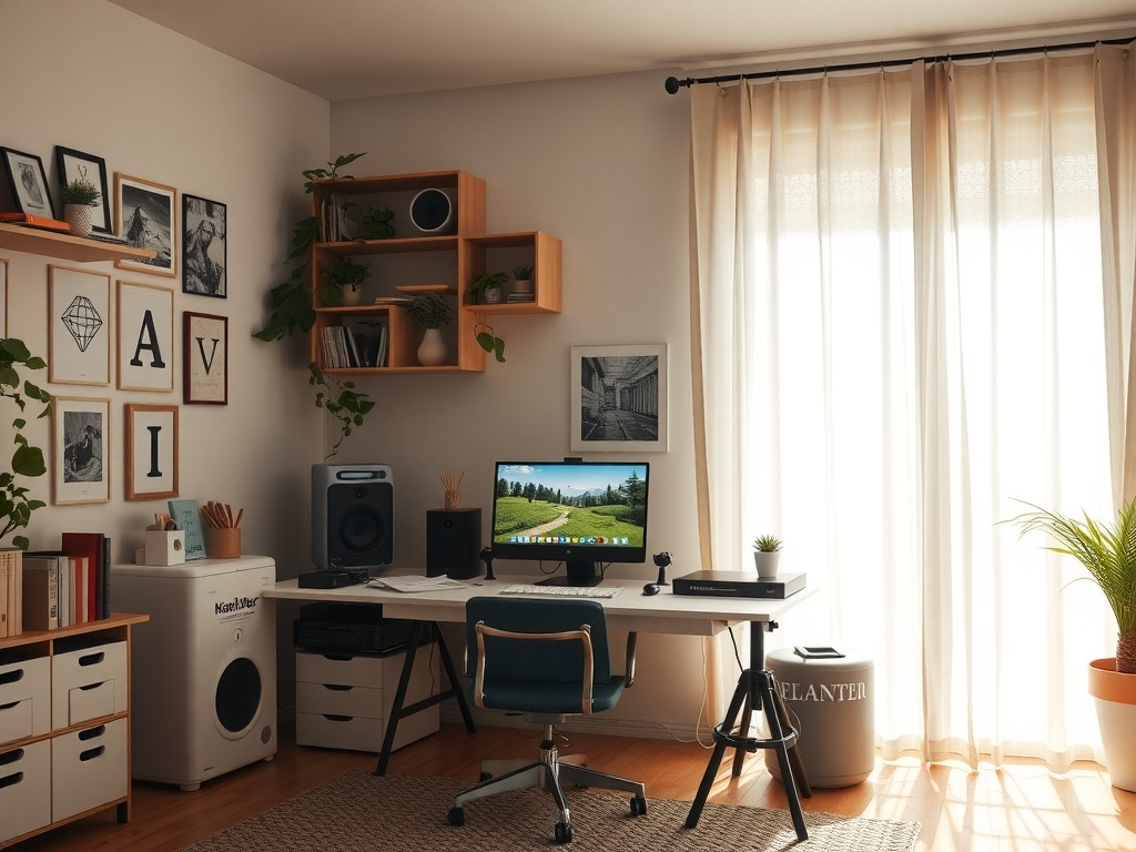 A cozy home office with plants, a computer, and natural light.