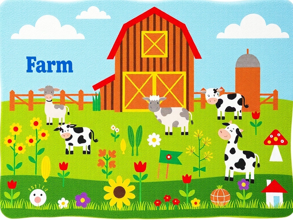 Colorful educational rug featuring a farm scene with animals and a barn.