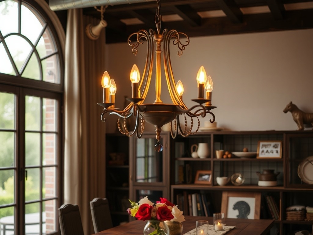 A bronze chandelier hanging in a dining room with a wooden table and floral centerpiece.