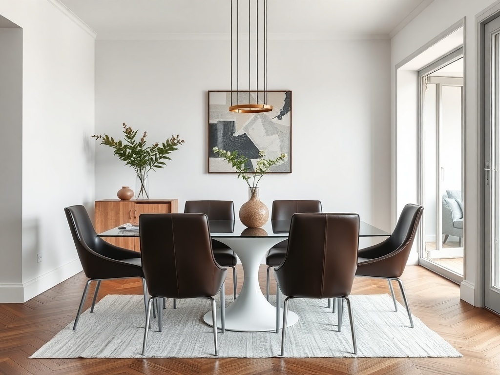 A modern dining room with sleek black leather chair covers and a minimalist design.