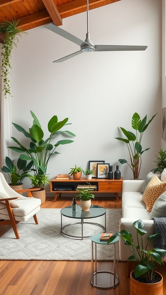 Mid-century modern living room with various plants and greenery.