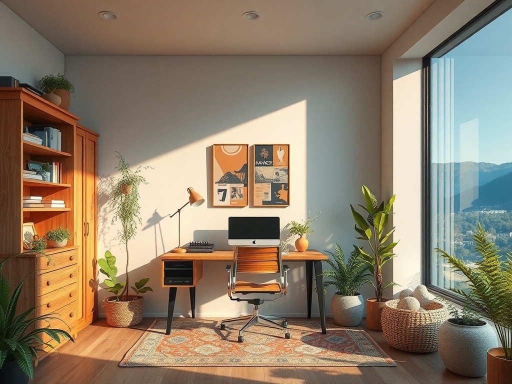 A bright and inviting home office featuring natural elements and warm colors.