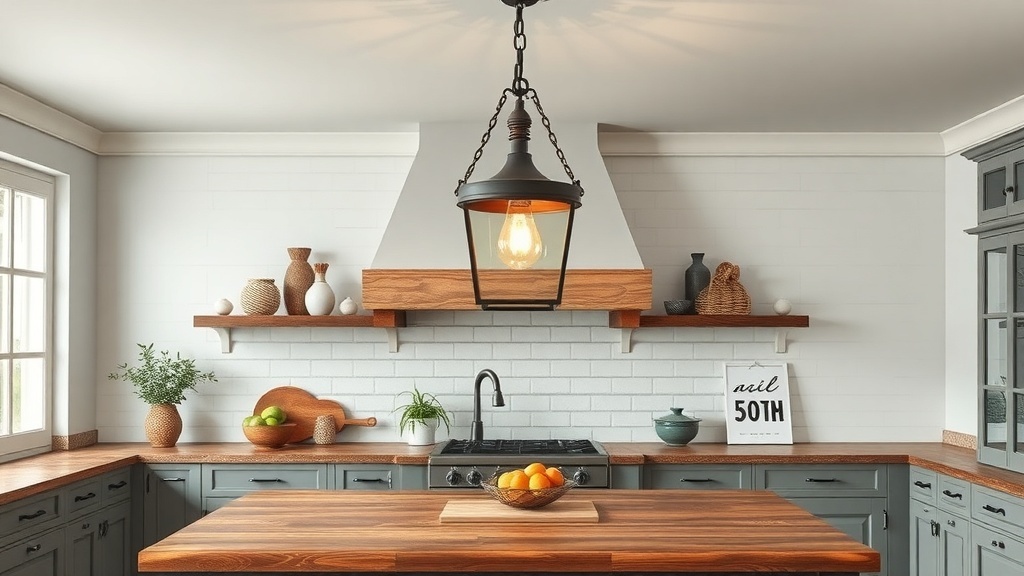 A rustic farmhouse kitchen featuring vintage lighting fixtures, wooden countertops, and decorative items.