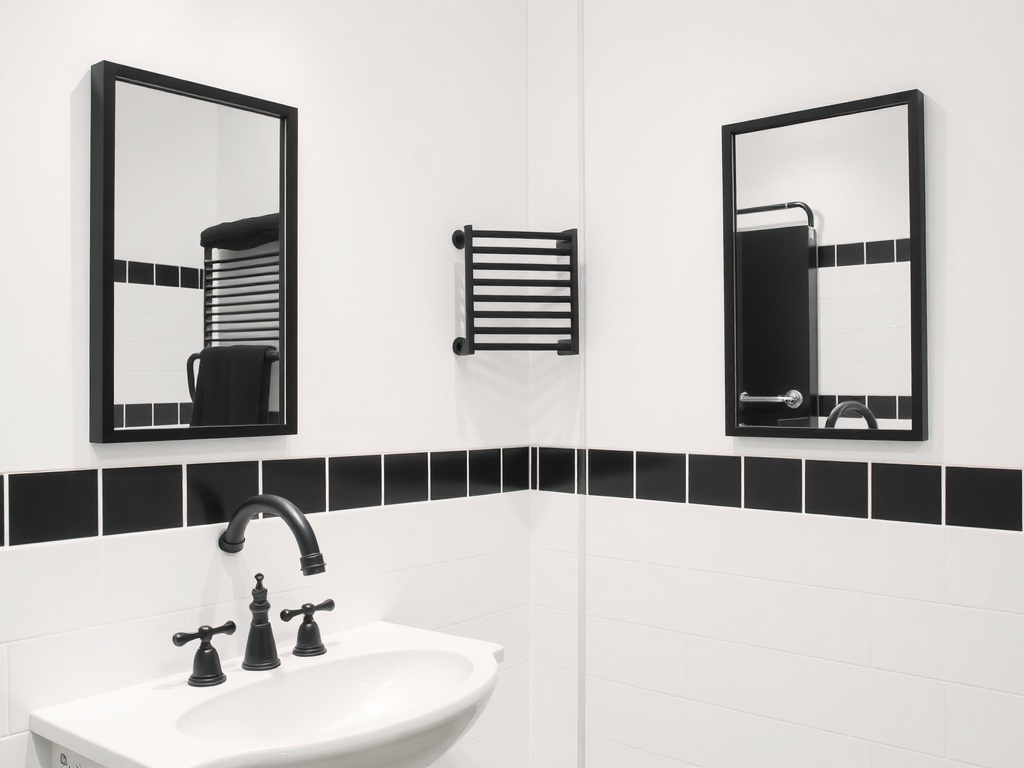 Modern bathroom with bold black accents, featuring black mirrors, fixtures, and tiles against a white backdrop.