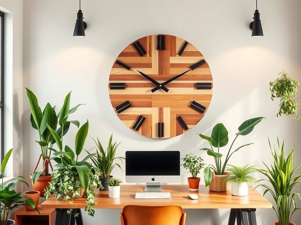 A modern industrial home office filled with various plants and greenery.