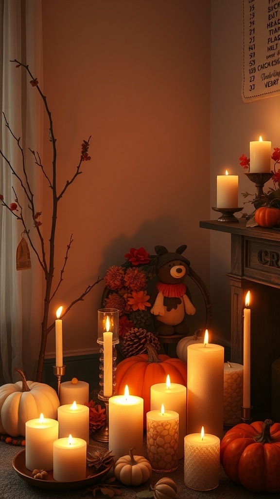 A cozy fall decor scene featuring various candles, pumpkins, and autumn decorations.