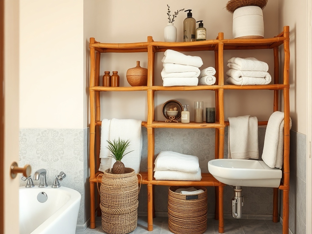 Rustic bamboo shelving in a bathroom, displaying towels and decorative items.
