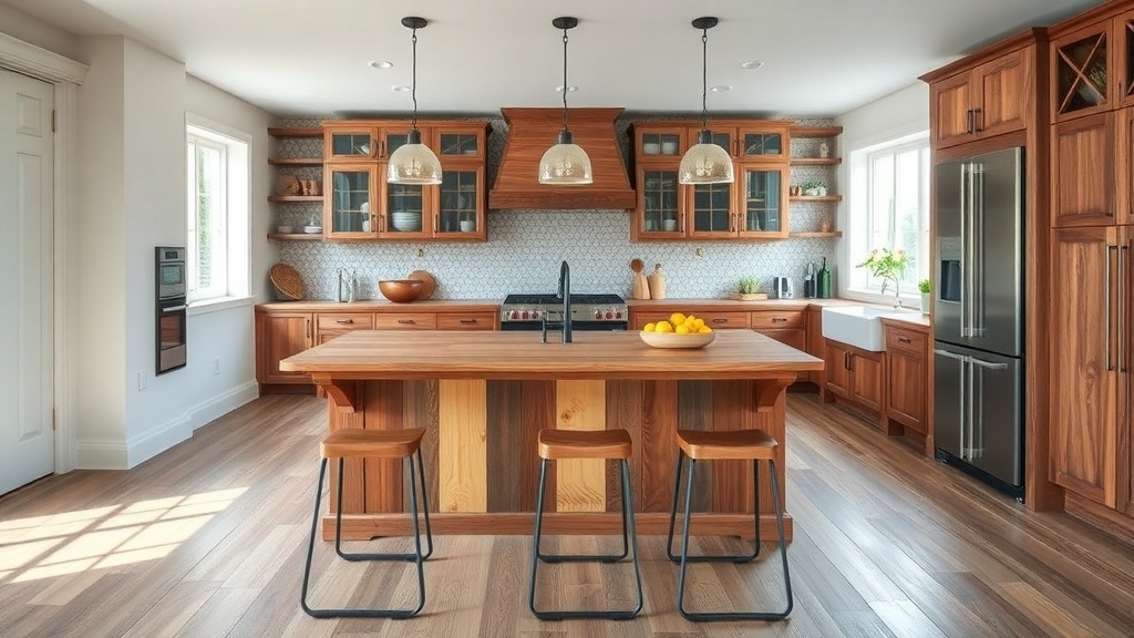 A rustic farmhouse kitchen featuring a wooden island with seating, pendant lights, and ample storage.