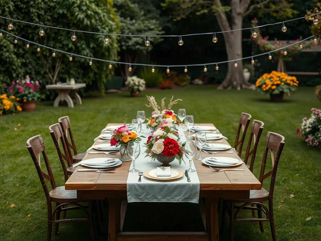 A beautifully set outdoor dinner table in a garden, decorated with floral centerpieces and strung lights.