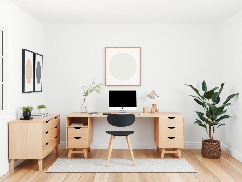 A modern Scandinavian home office featuring clean lines, light wood furniture, and plants.