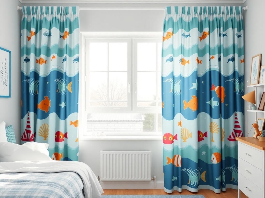 Ocean-themed curtains with colorful fish and waves in a kids' bedroom