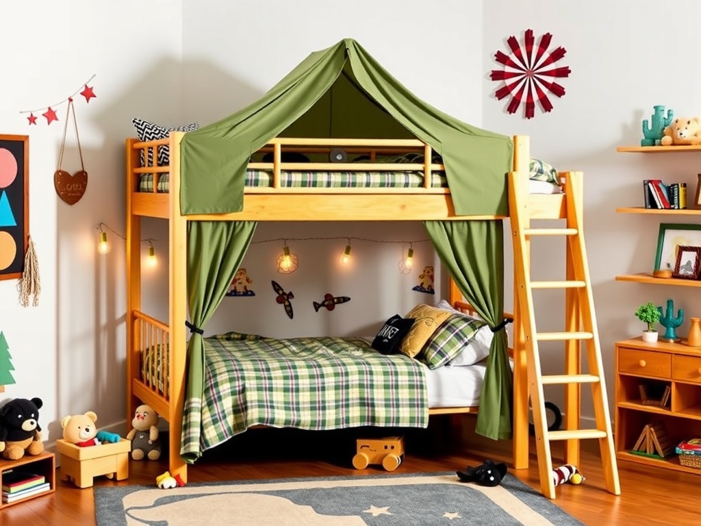 Themed bunk bed with tent in a children's bedroom, featuring playful decor and cozy bedding.