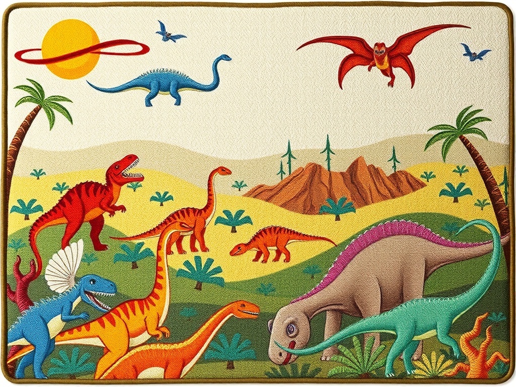 Colorful dinosaur-themed rug for kids' bedroom.