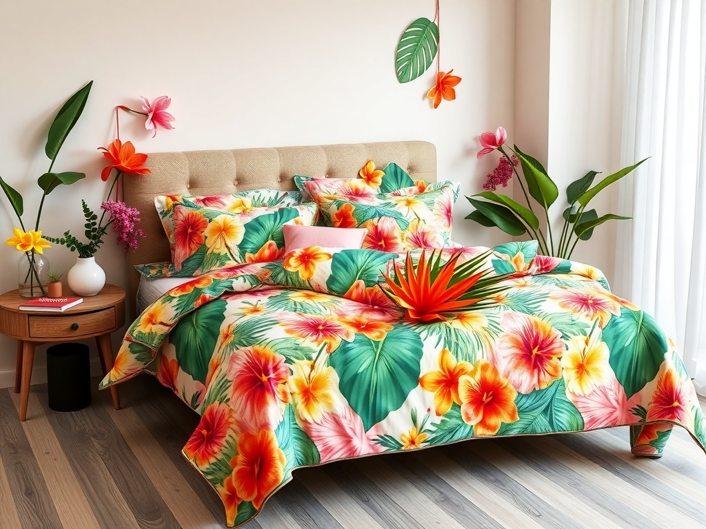 Bright tropical floral bed set with lush greenery and colorful flowers.