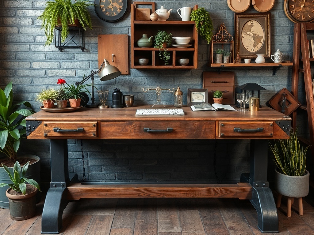 A rustic wooden desk with metal accents, surrounded by plants and decorative items.