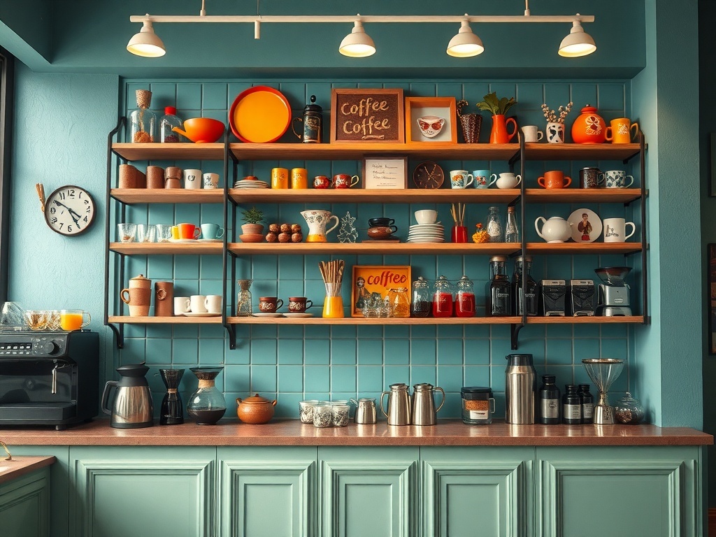 Colorful coffee bar with open shelves displaying various mugs, jars, and coffee-making tools against a teal wall.
