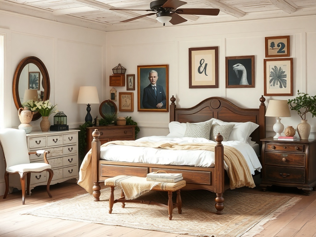 A cozy farmhouse bedroom featuring vintage wooden furniture, framed artwork, and warm textiles.
