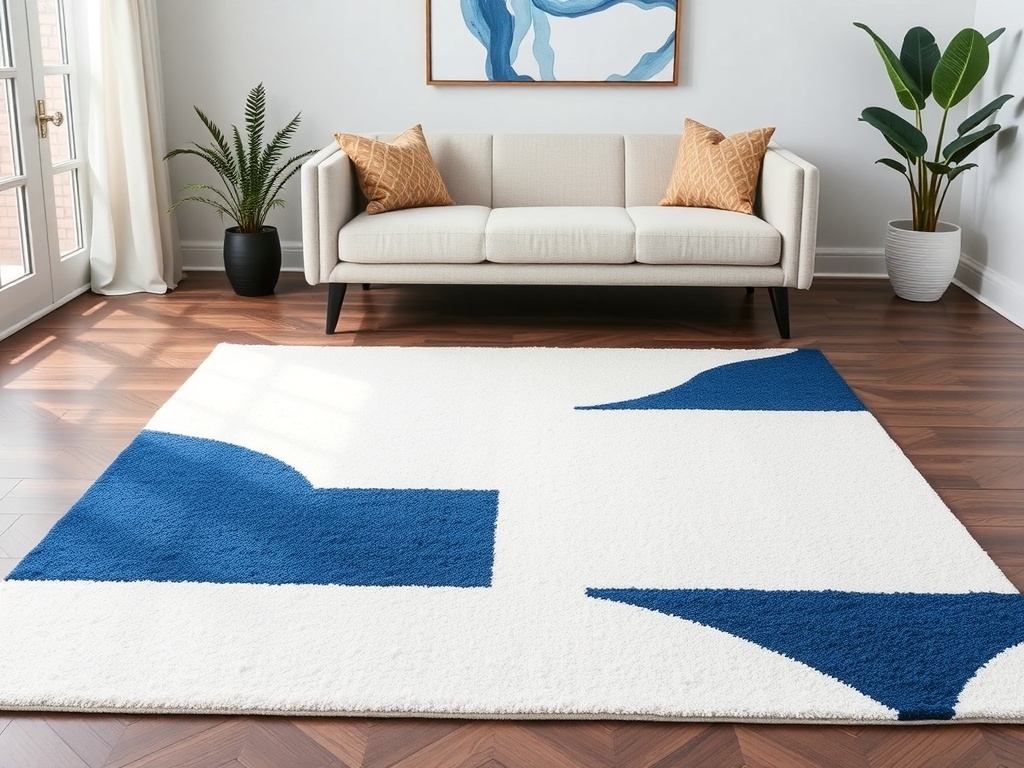 Chic area rug with geometric patterns in a modern white living room